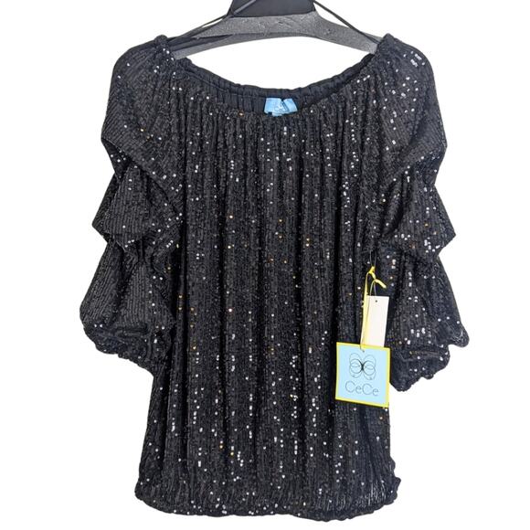 Glam Semi-Sheer Off The Shoulder Sequined Top Dramatic Sleeves Women's M - Picture 1 of 10